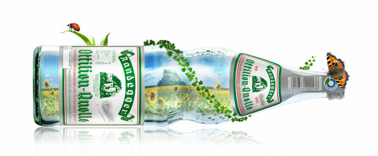 Randegger Flasche liegend mit Efeu, Marienkäfer und Schmetterling freigestellt Druck